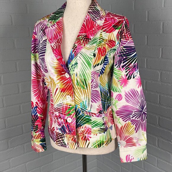 Chicos Jacket‎ Women 0 Small 4-6 Pink Purple Palm Floral Beach Tropical Cotton - Picture 1 of 11